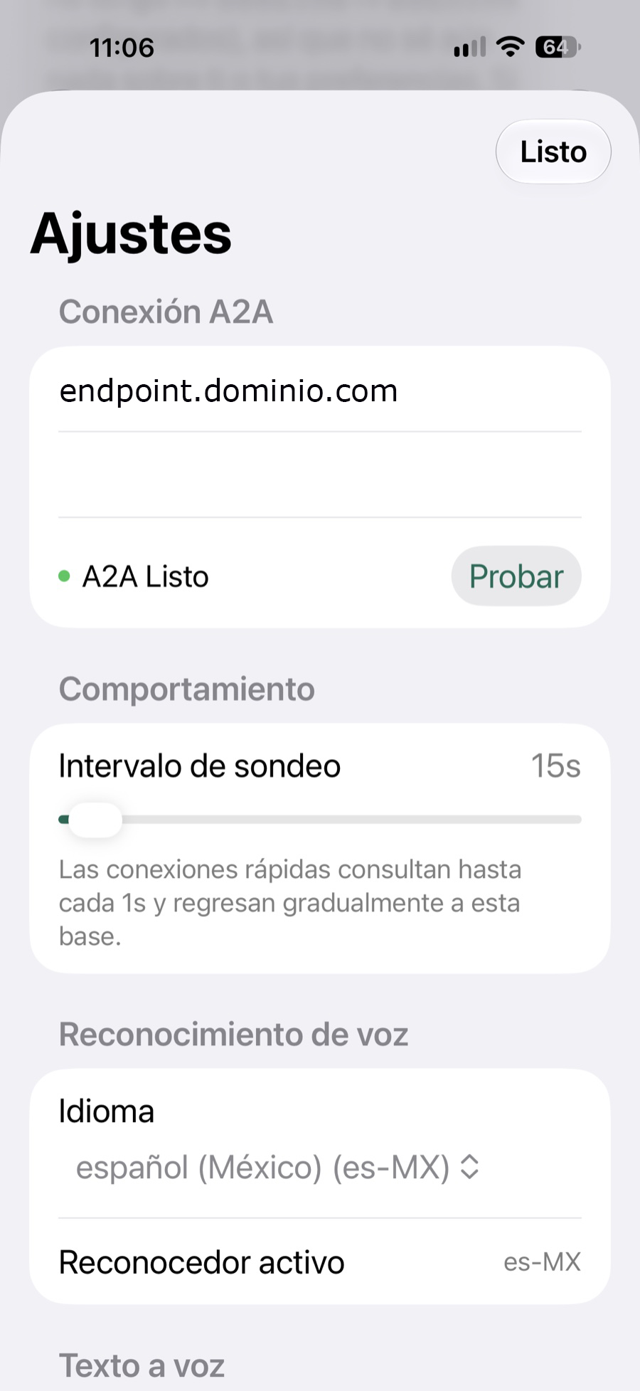 Pantalla de Ajustes de Sakbe con la conexión A2A configurada y el indicador de estado A2A Listo