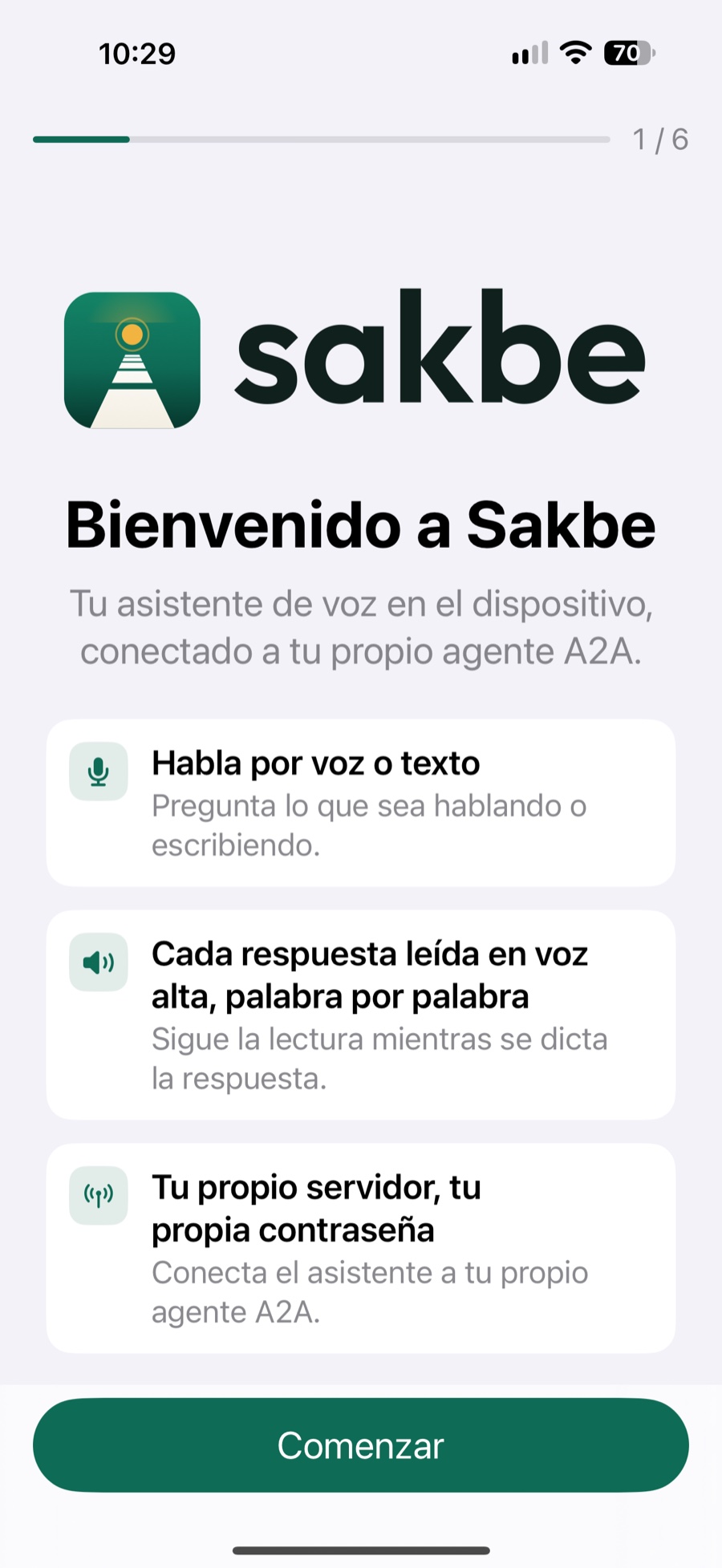 Pantalla de bienvenida del asistente de primera puesta en marcha de Sakbe
